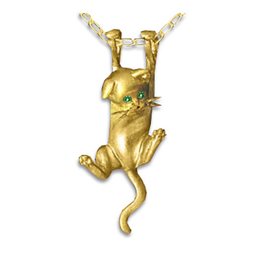 Pure 14k Gold Cat Emerald Eyes Pendant Sculpture